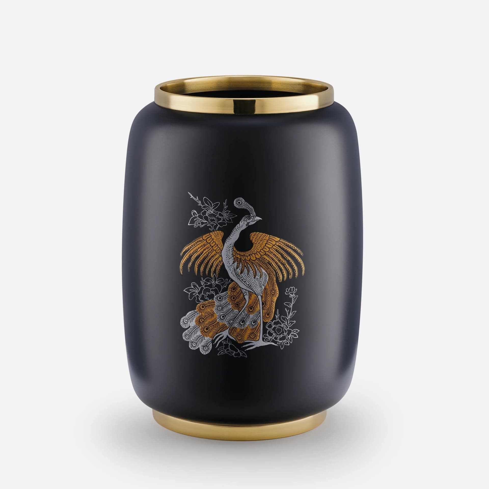 Mystery Peacock Vase Large | Black Lacquer and Gold Silver Detailing