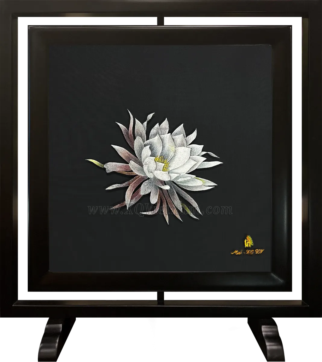 Nocturnal Elegance in the Moonlight | Hand-Embroidered Silk Art | 35x35 cm