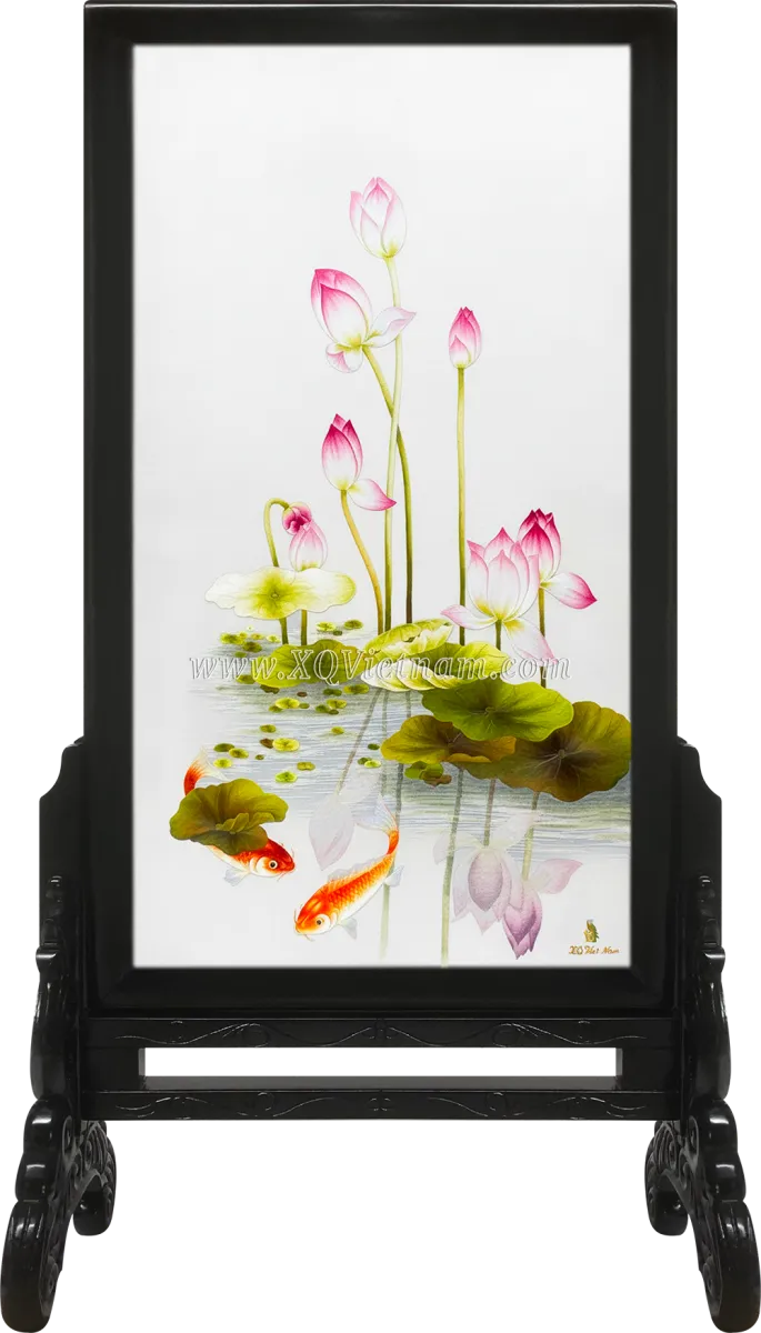 Autumn Lake with Lotus and Koi | Hand-Embroidered Silk Art | 75x130 cm