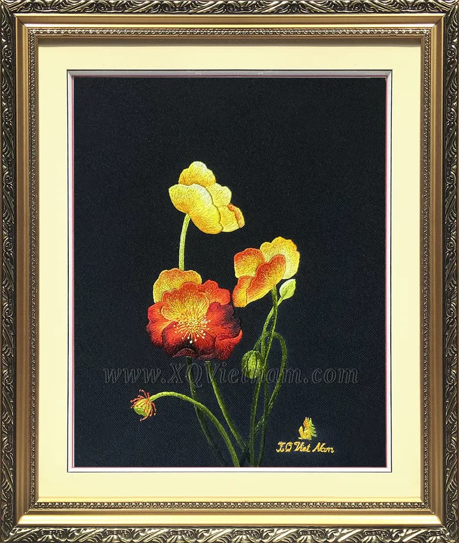 Poppy Flowers on Black Background | Hand-Embroidered Silk Art | 17x20 cm