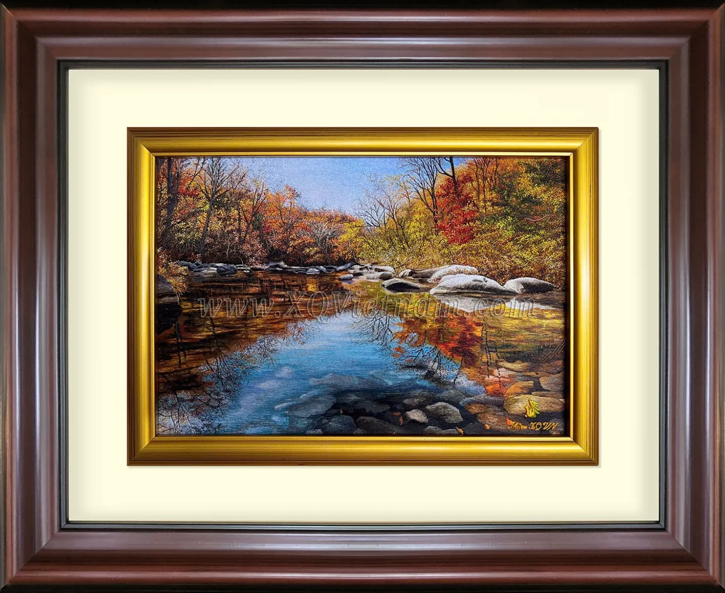 Golden Autumn Forest | Hand-Embroidered Silk Art | 40x50 cm