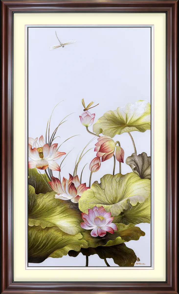 The Soul of the Vietnamese Lotus 3 | Hand-Embroidered Silk Art | 75x140 cm