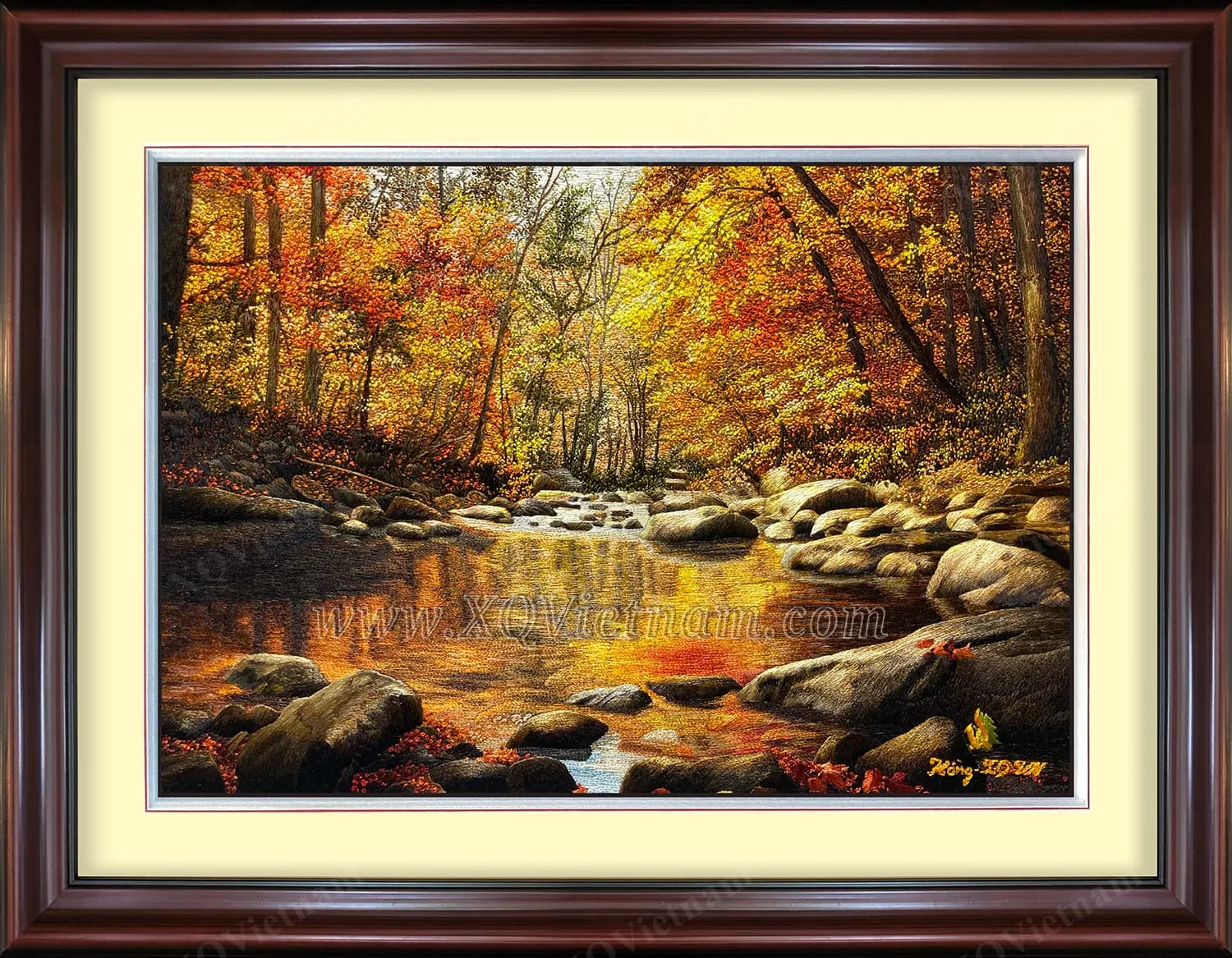 The Sound of the Autumn Forest | Hand-Embroidered Silk Art | 35x40 cm