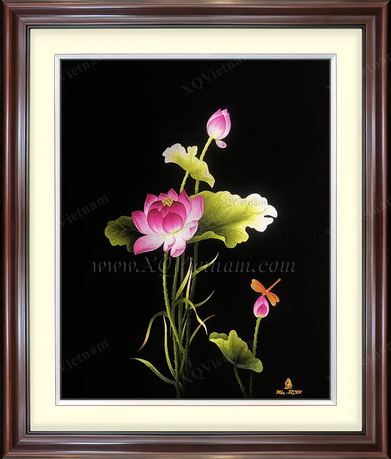 Elegant Lotus 5 | Hand-Embroidered Silk Art | 45x60 cm