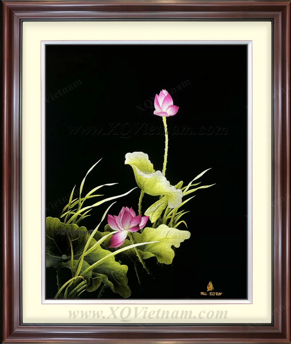 Pink Lotus II | Hand-Embroidered Silk Art | 45x60 cm