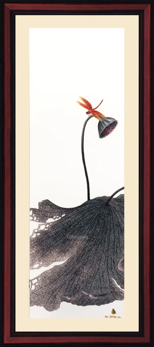 Lotus Scent 49 White | Hand-Embroidered Silk Art | 50x120 cm