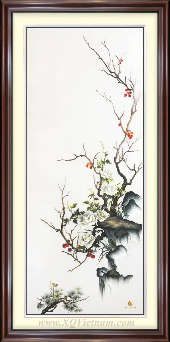 Autumn Peonies | Hand-Embroidered Silk Art | 110x160 cm