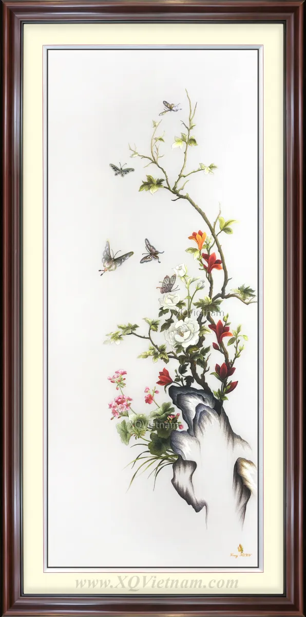 Winter Peonies | Hand-Embroidered Silk Art | 110 x 160 cm