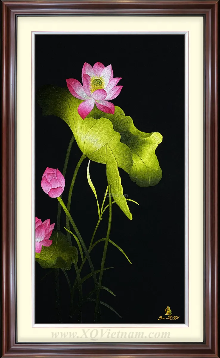 Vietnamese Lotus Bloom | Hand-Embroidered Silk Art | 40x75 cm