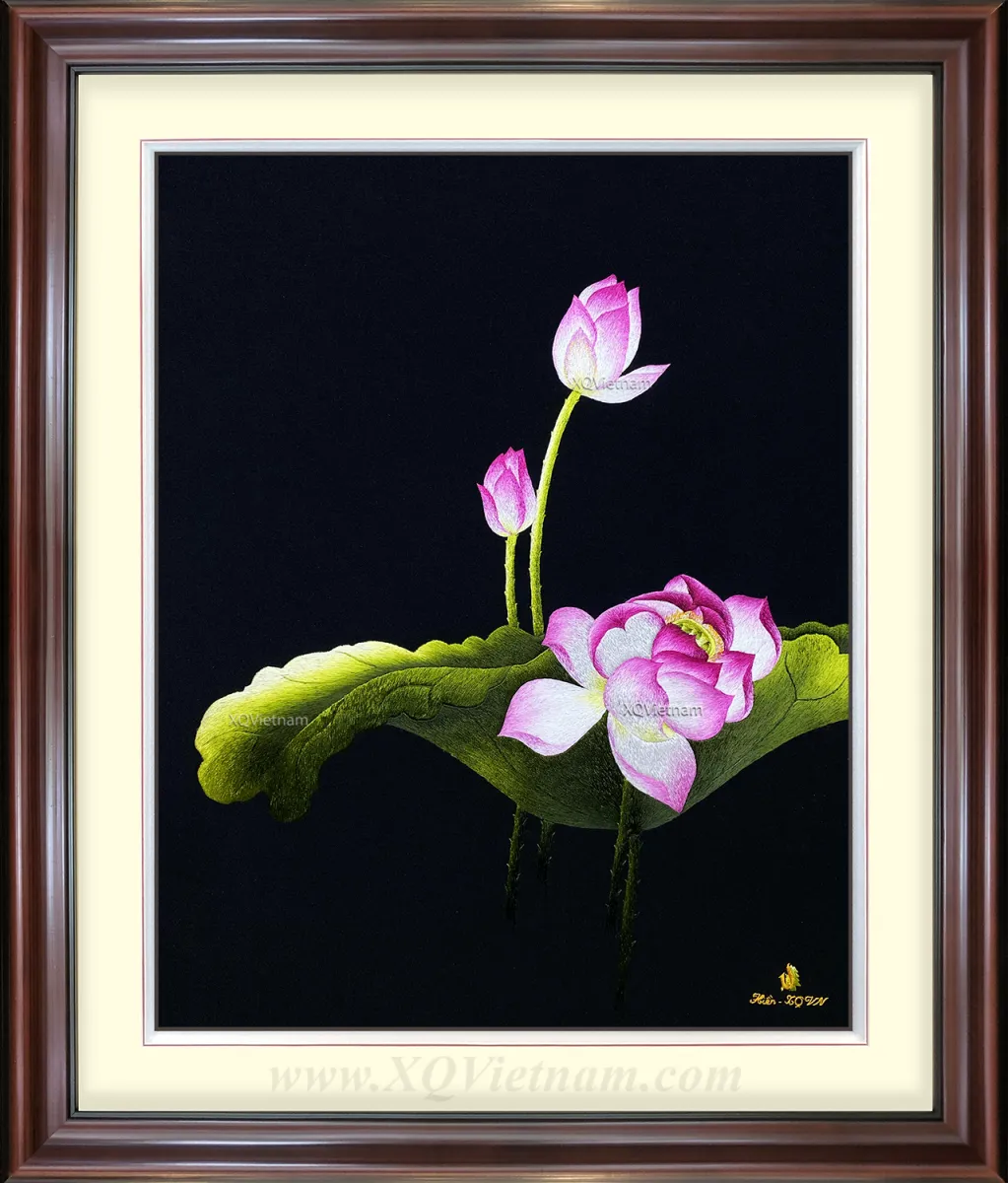 Vietnamese Lotus | Hand-Embroidered Silk Art | 50x55 cm
