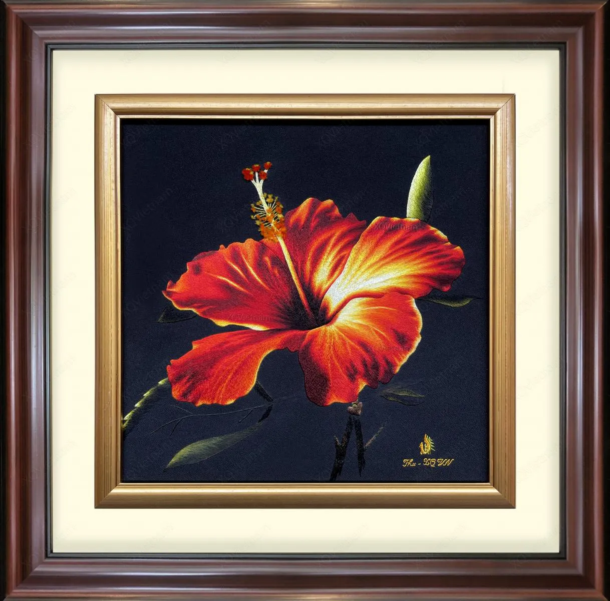 Radiant Hibiscus | Hand-Embroidered Silk Art | 50 x 55 cm