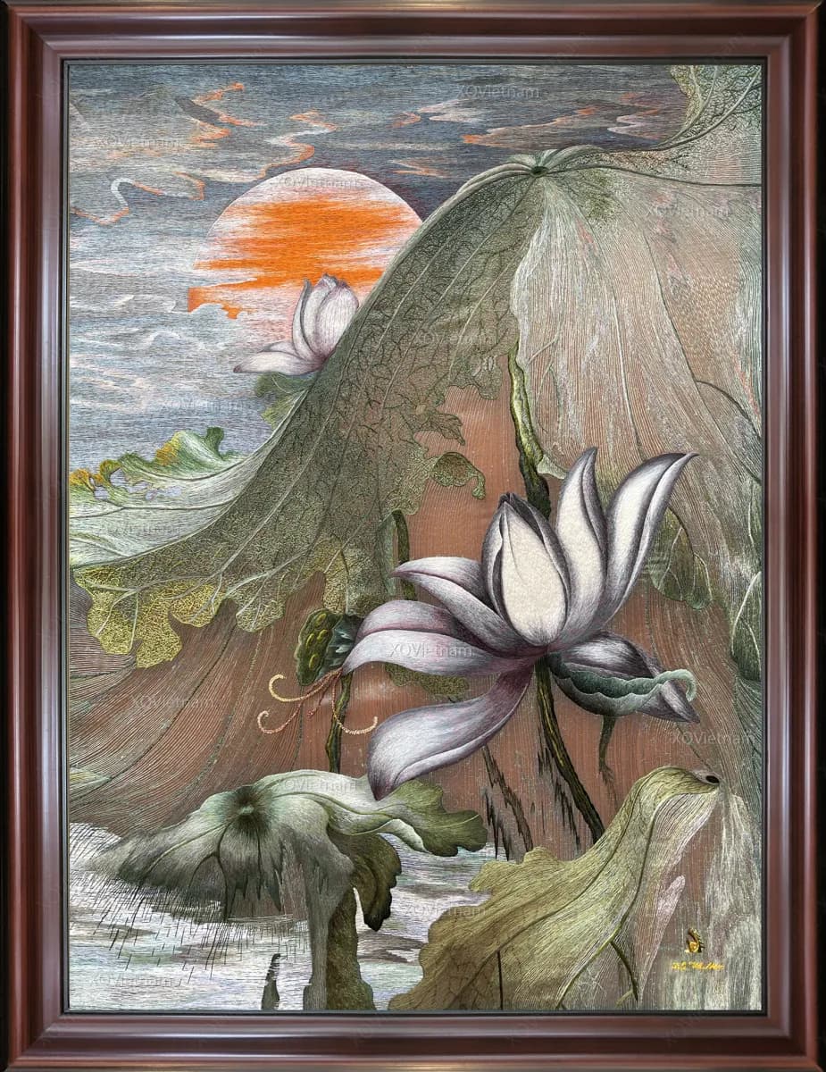 The Sun and Lotus | Hand-Embroidered Silk Art | 80x100 cm