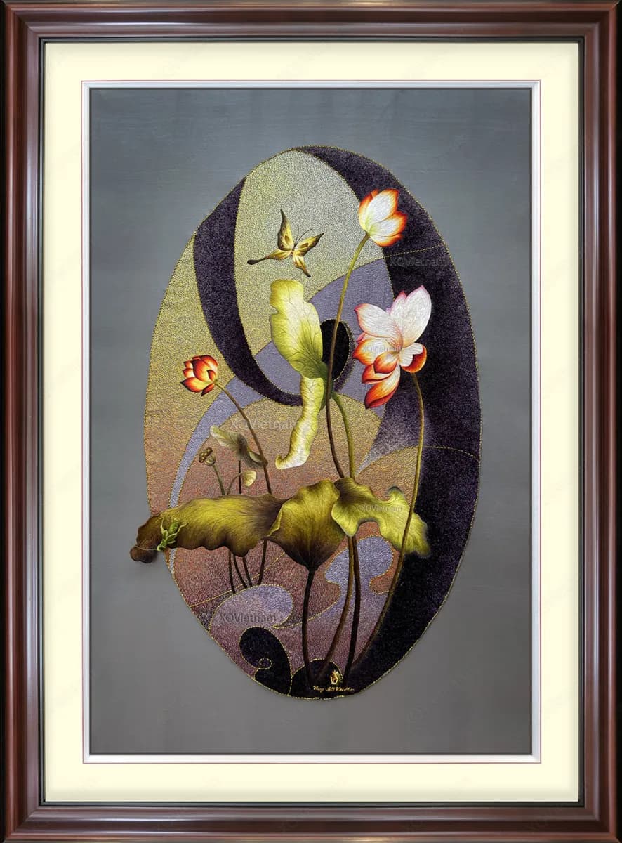 Lotus Heart of Vietnamese Land | Hand-Embroidered Silk Art | 80x100 cm