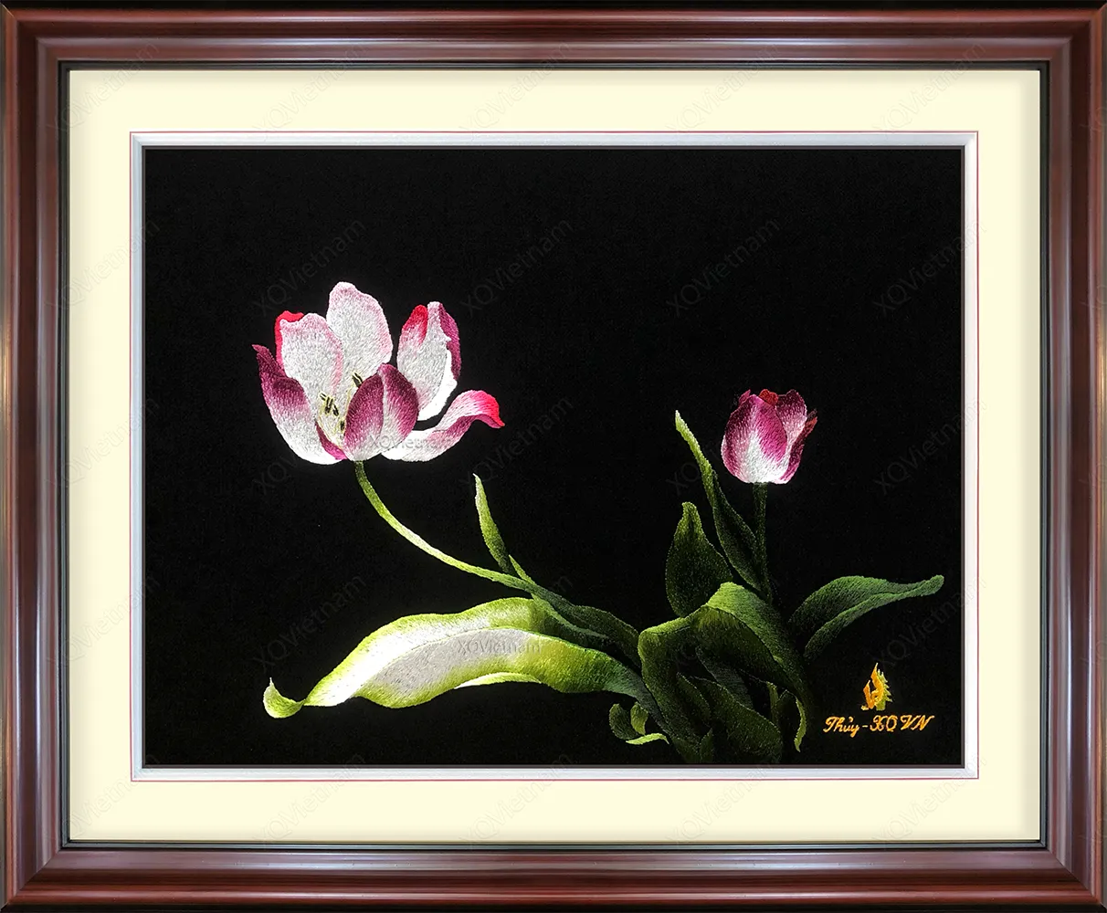 Pink Tulips on Black Background | Hand-Embroidered Silk Art | 35x45 cm