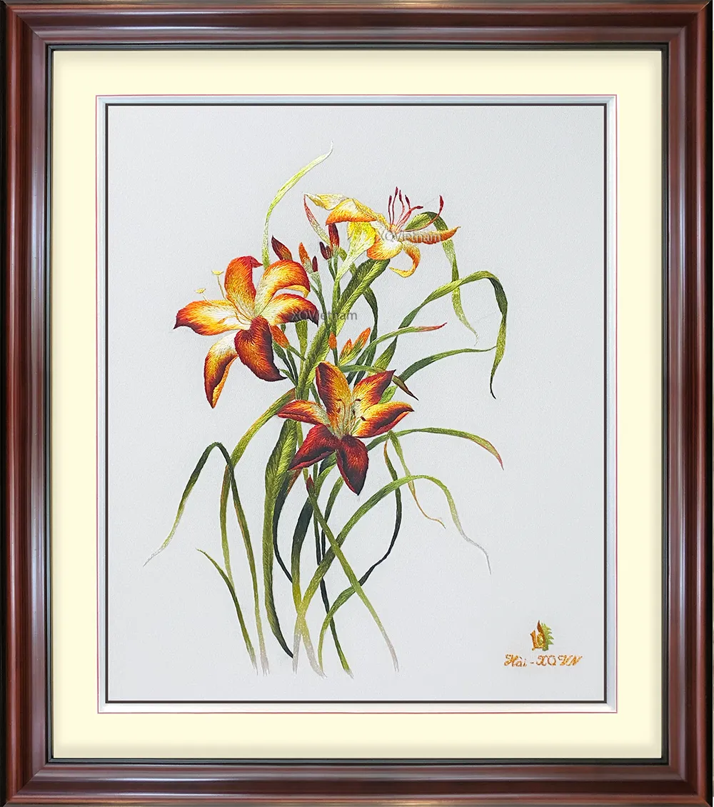 Lily Flowers | Hand-Embroidered Silk Art | 40x50 cm
