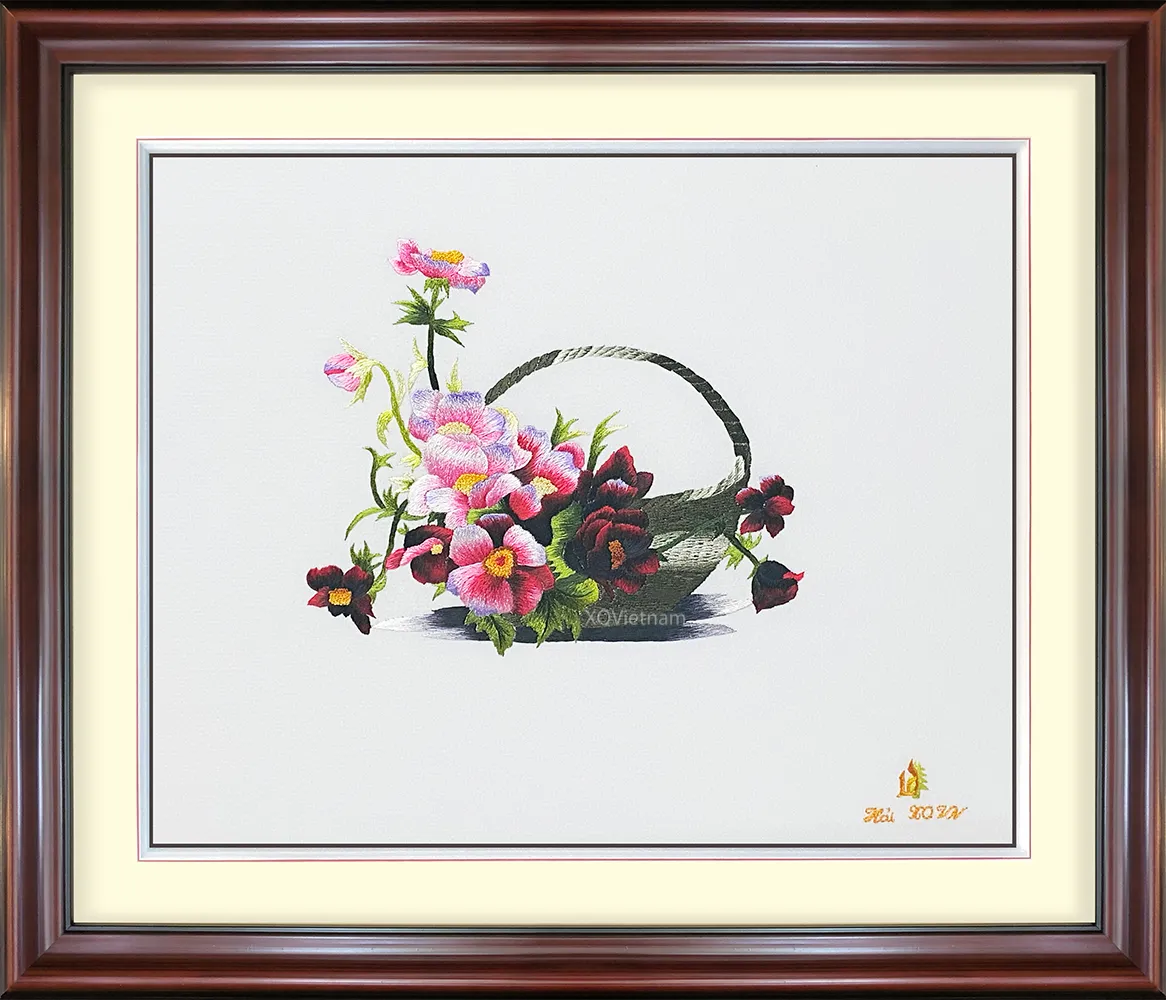 Windflowers Basket | Hand-Embroidered Silk Art | 35x40 cm
