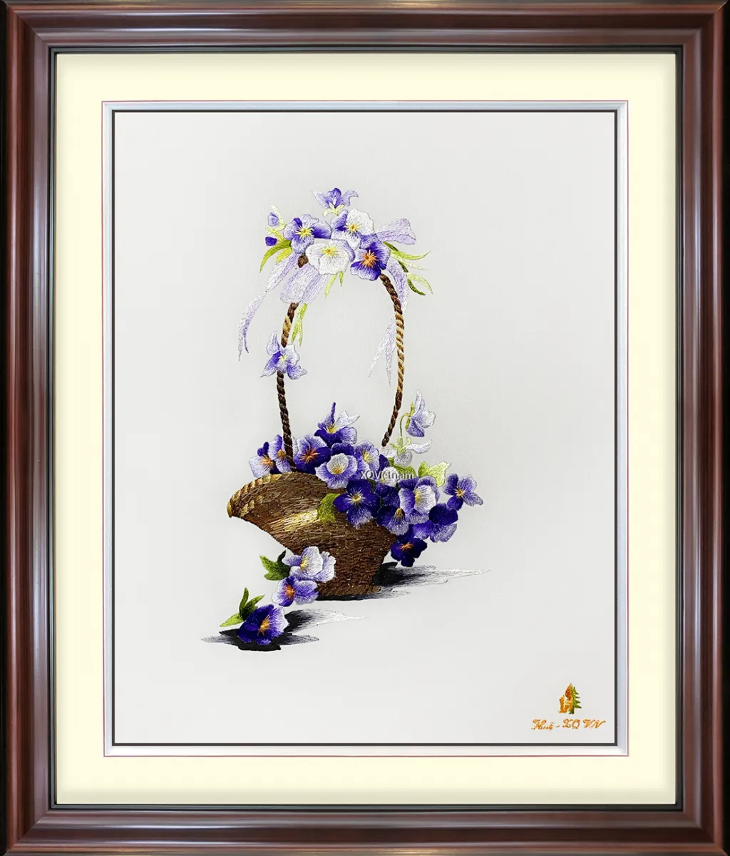 Pansy Flower Basket | Hand-Embroidered Silk Art | 25x30 cm
