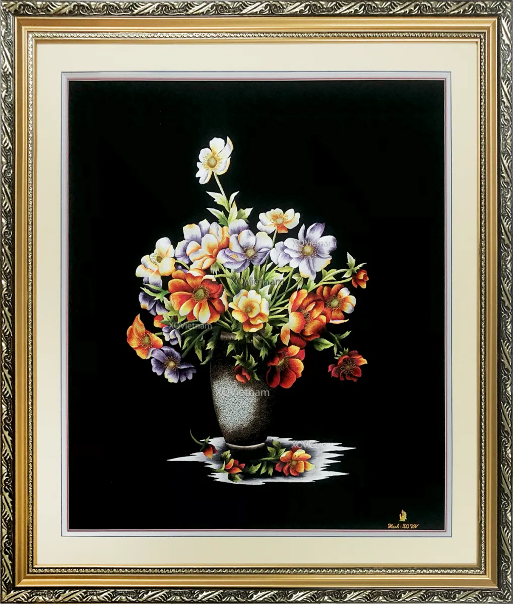 Wild Anemones on Black Background | Hand-Embroidered Silk Art | 65x75 cm