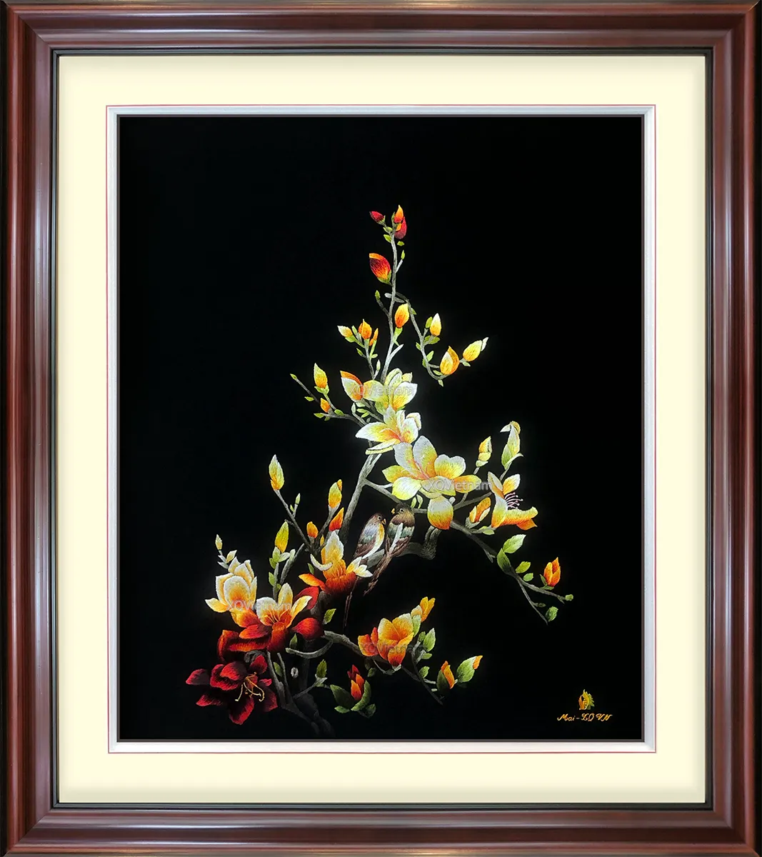 Magnolia Flower with Birds | Hand-Embroidered Silk Art | 50x60 cm