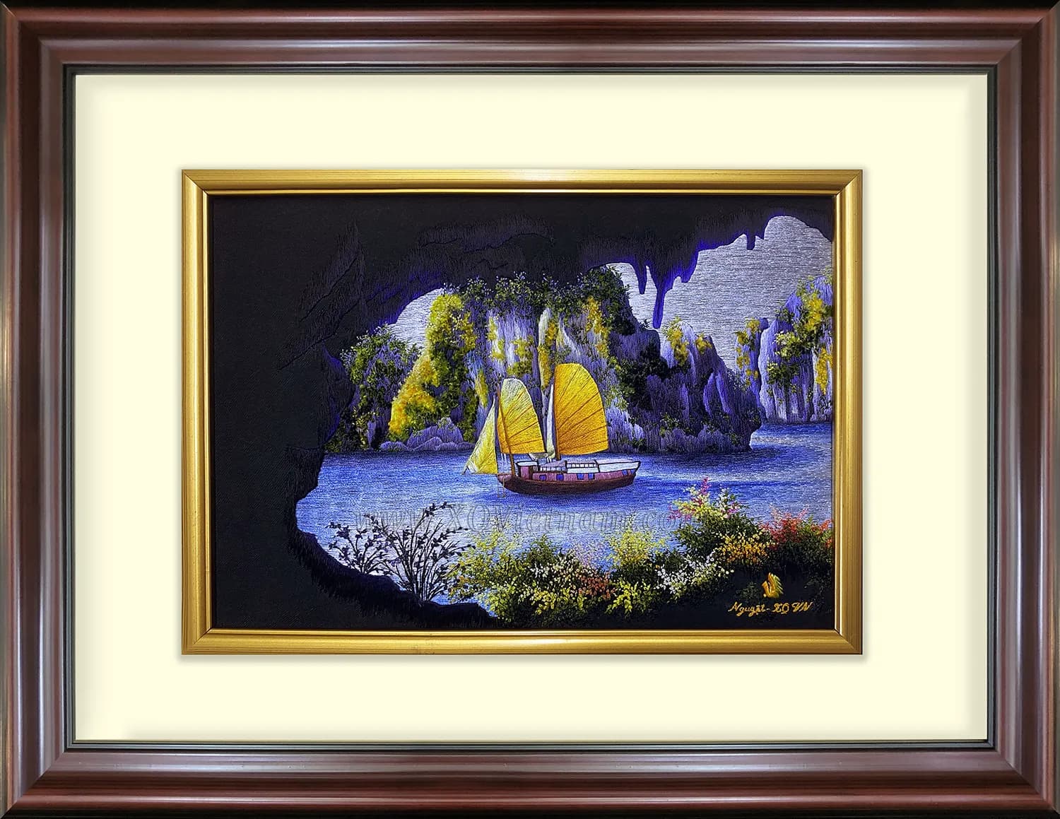 Halong Bay Yellow Sailboat | Hand-Embroidered Silk Art | 40x50 cm