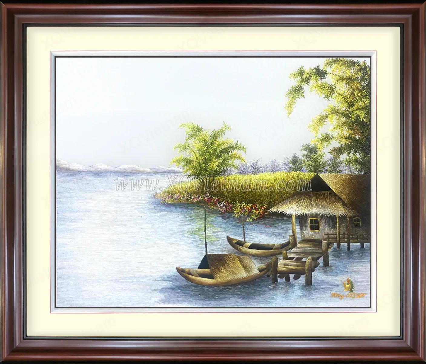 Riverside Homestead Scene | Hand-Embroidered Silk Art | 47x57 cm