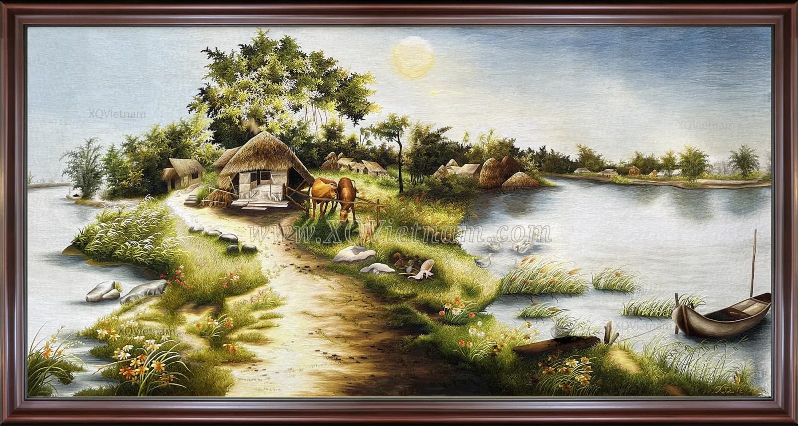 Peaceful Homeland Landscape | Hand-Embroidered Silk Art | 110x190 cm