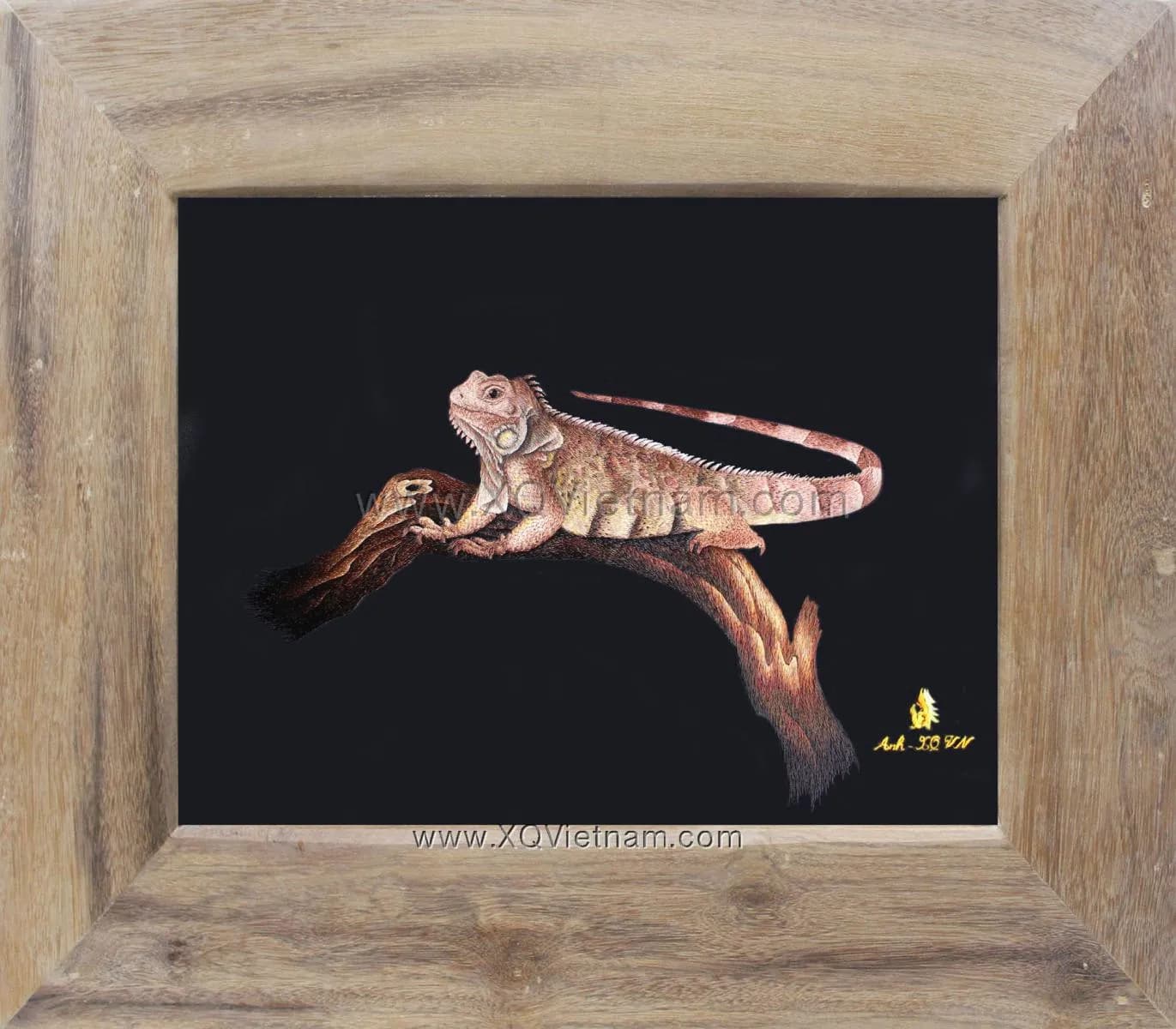 Sound of the Night (Salamander) | Hand-Embroidered Silk Art | 40x53 cm