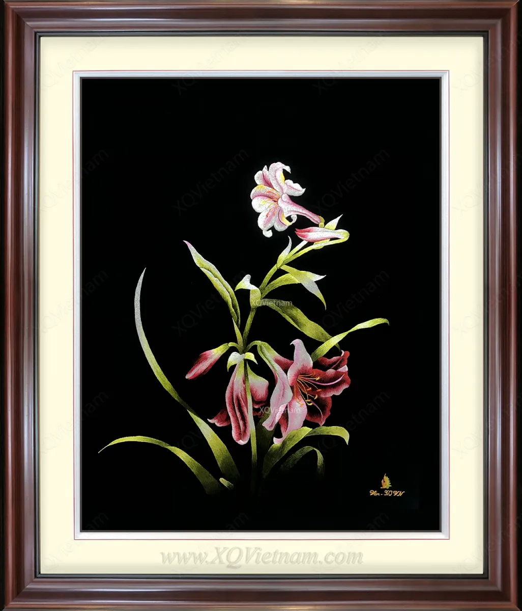Blossom of Lilies | Hand-Embroidered Silk Art | 50x60 cm