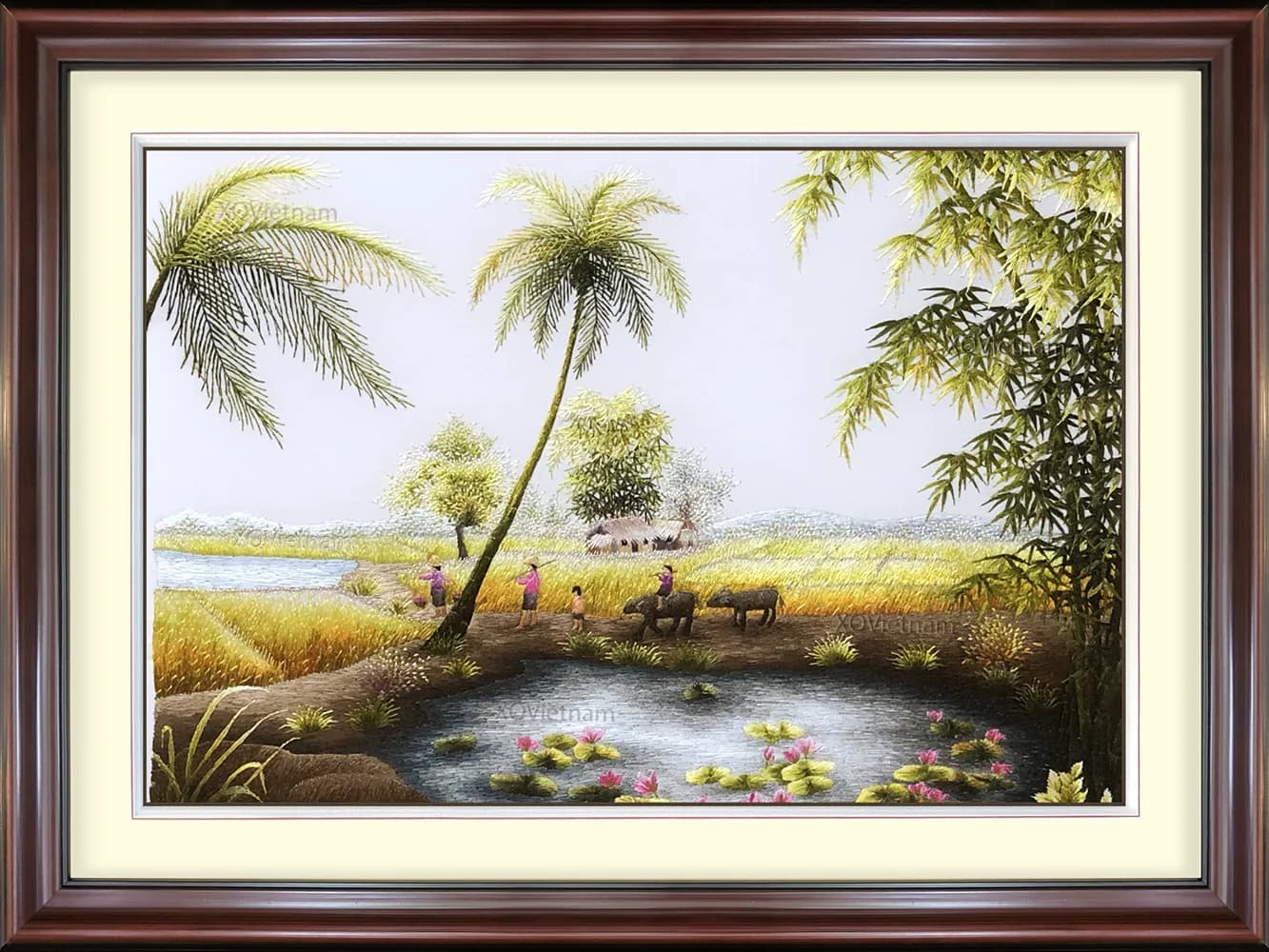 Vietnamese Countryside Serenity | Hand-Embroidered Silk Art | 40x50 cm