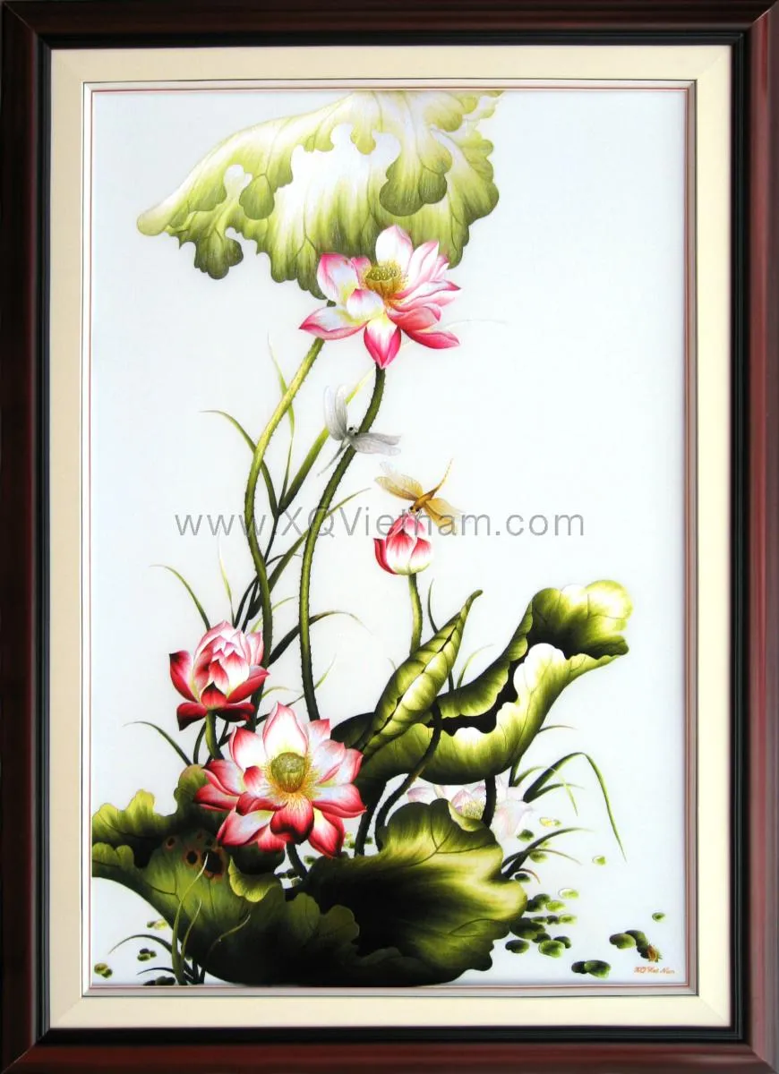 Vietnamese Lotus 13 | Hand-Embroidered Silk Art | 80x115 cm