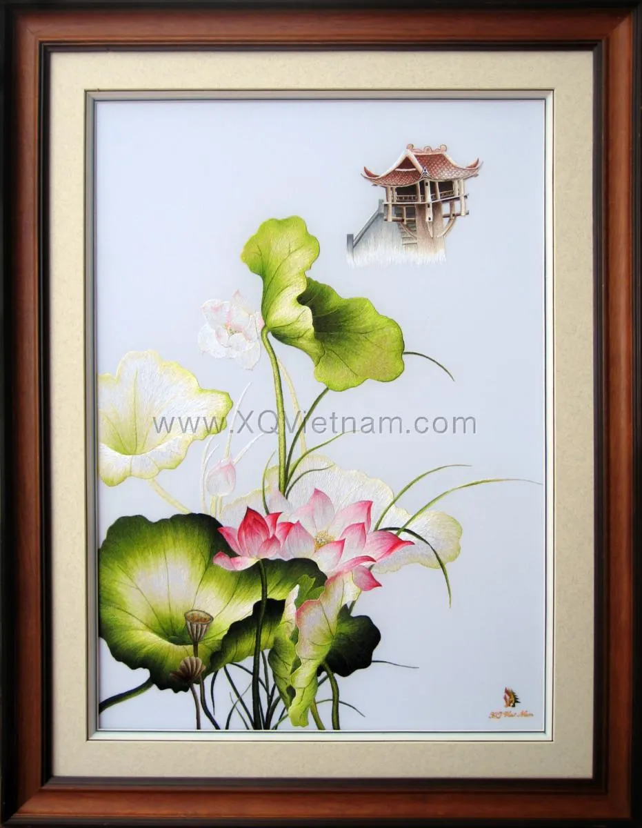 Vietnamese Lotus Pavilion | Hand-Embroidered Silk Art | 60x80 cm