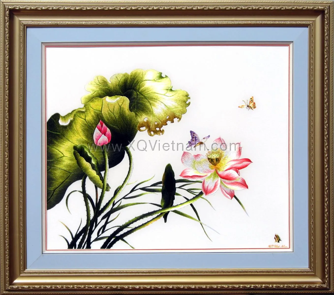 Vietnamese Lotus 11 | Hand-Embroidered Silk Art | 65x70 cm