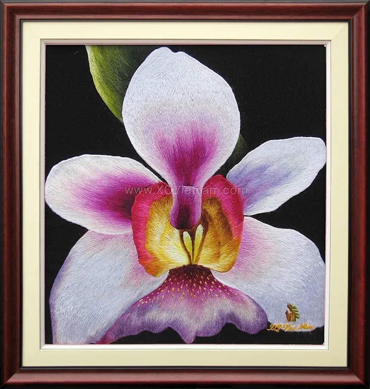 Orchid - National Flower of Singapore | Hand-Embroidered Silk Art | 20x20 cm