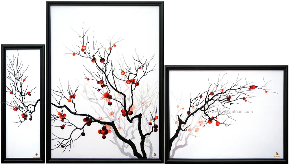 Summer's Sweet Triptych | Hand-Embroidered Silk Art | 170 x 115 cm