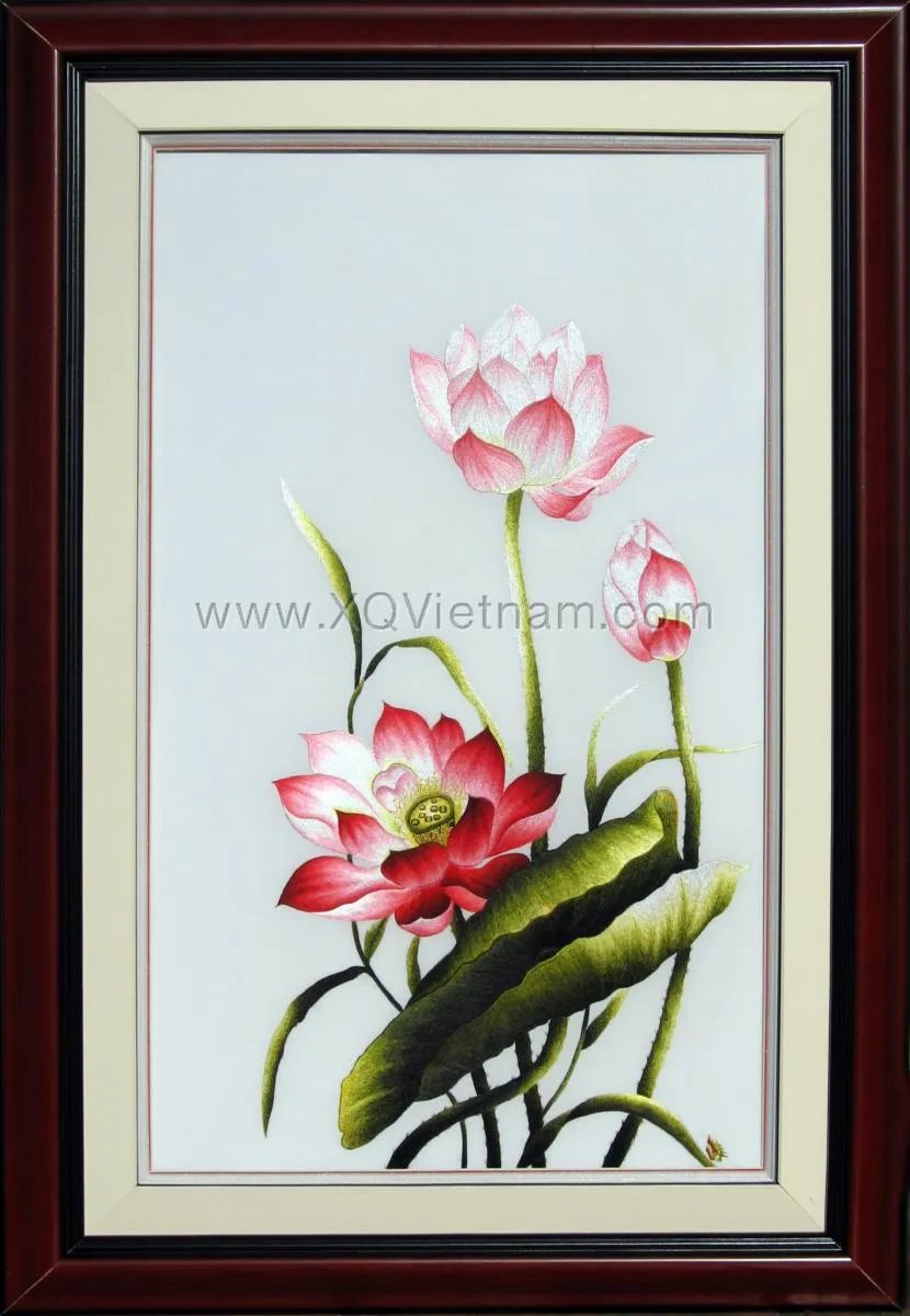 Vietnamese Lotus Bloom | Hand-Embroidered Silk Art | 55x85 cm