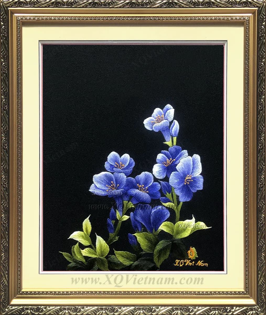 Blue Floral Fragrance for Life | Hand-Embroidered Silk Art | 17x20 cm