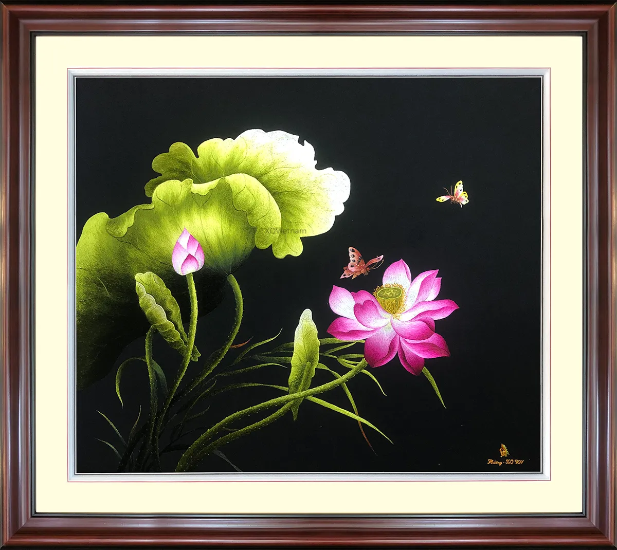 Pink Lotus on Black Background | Hand-Embroidered Silk Art | 65x70 cm