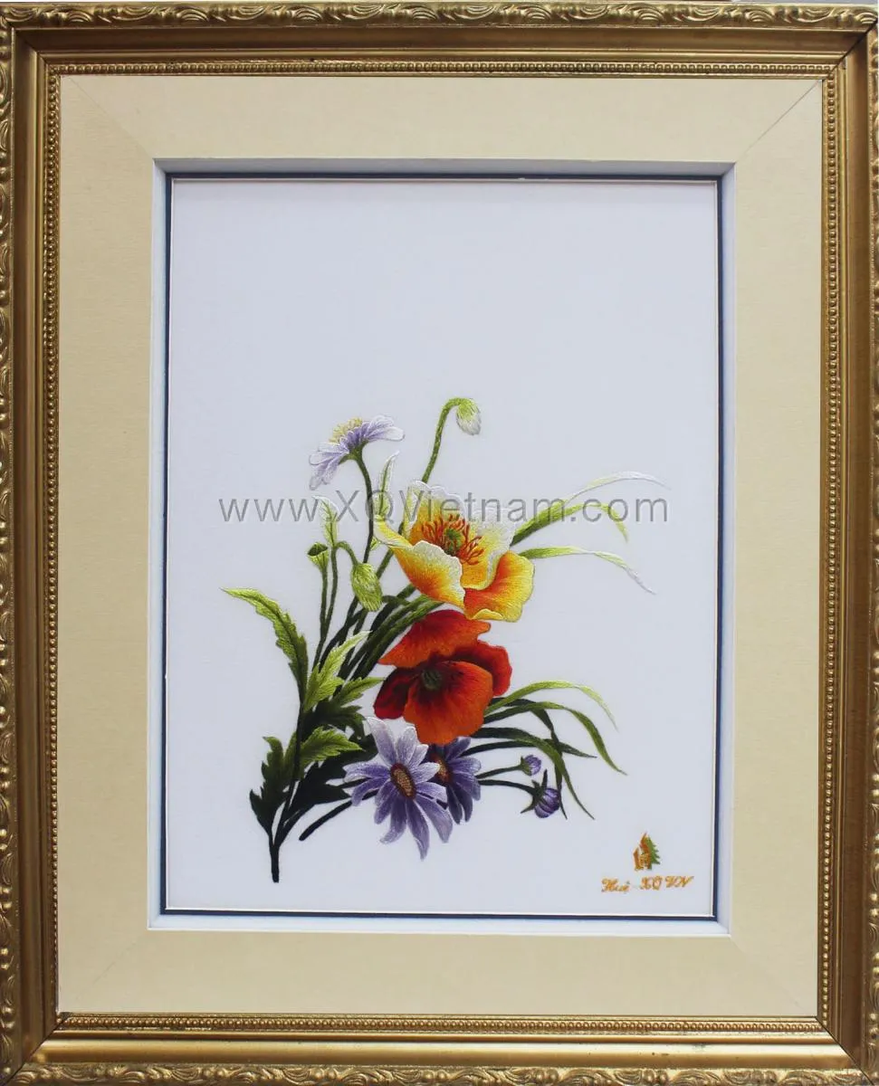Flower Bouquet | Hand-Embroidered Silk Art | 40x50 cm