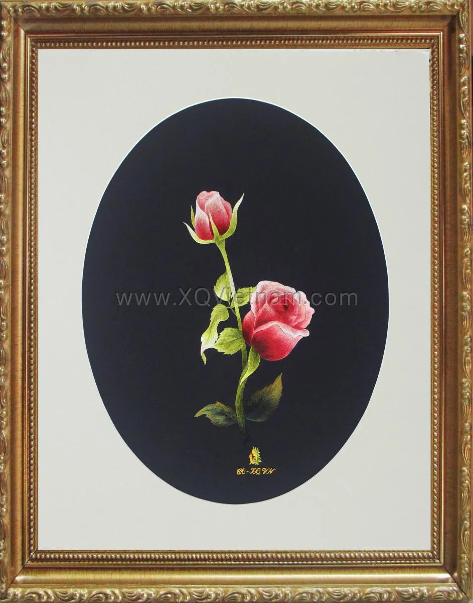 Pink Roses in Bloom | Hand-Embroidered Silk Art | 40x50 cm