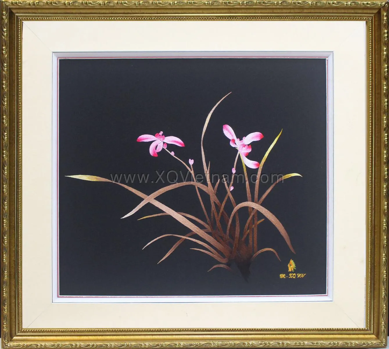 Dalat Orchids | Hand-Embroidered Silk Art | 45x50 cm