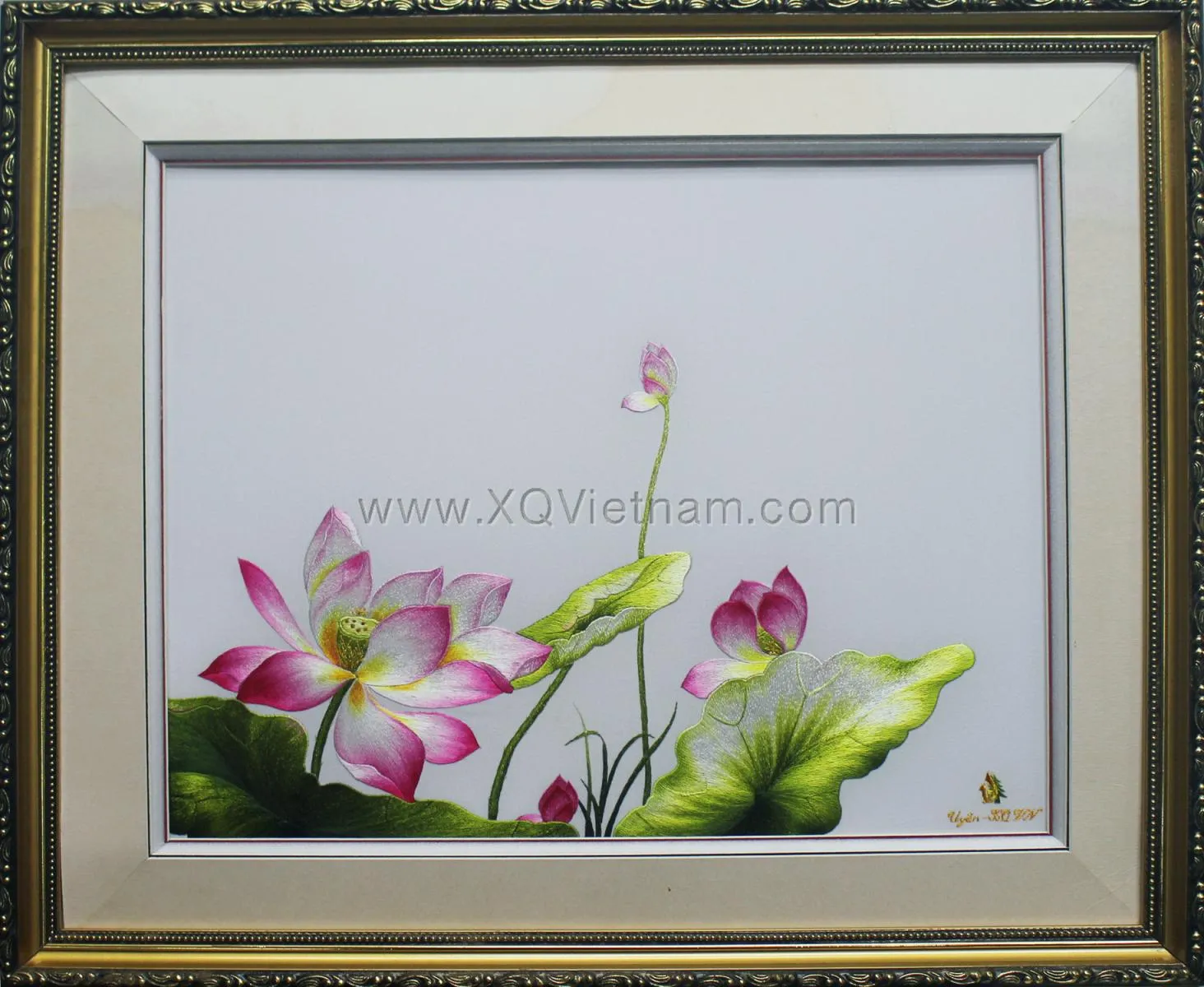 Vietnamese Lotus 54 | Hand-Embroidered Silk Art | 45x55 cm