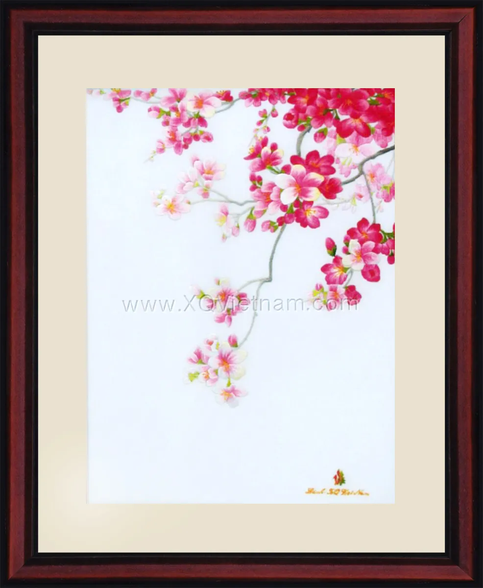 DaLat Cherry Blossom | Hand-Embroidered Silk Art | 40x45 cm