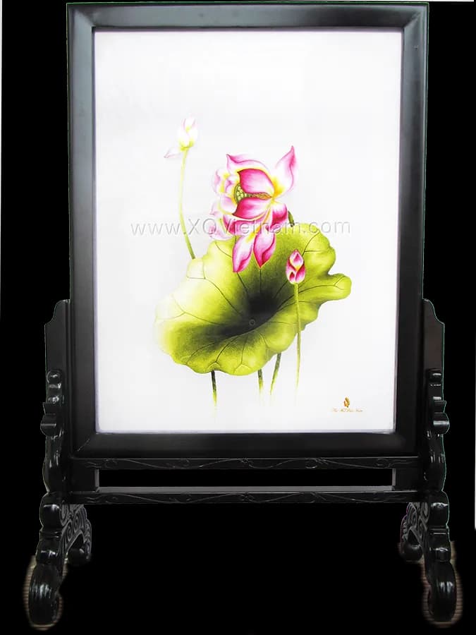 Pink Lotus Blossom | Hand-Embroidered Silk Art | 50x70 cm