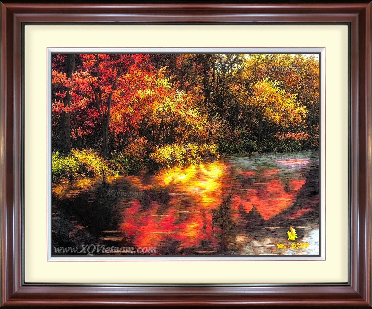 Golden Autumn Sunlight | Hand-Embroidered Silk Art | 35x45 cm