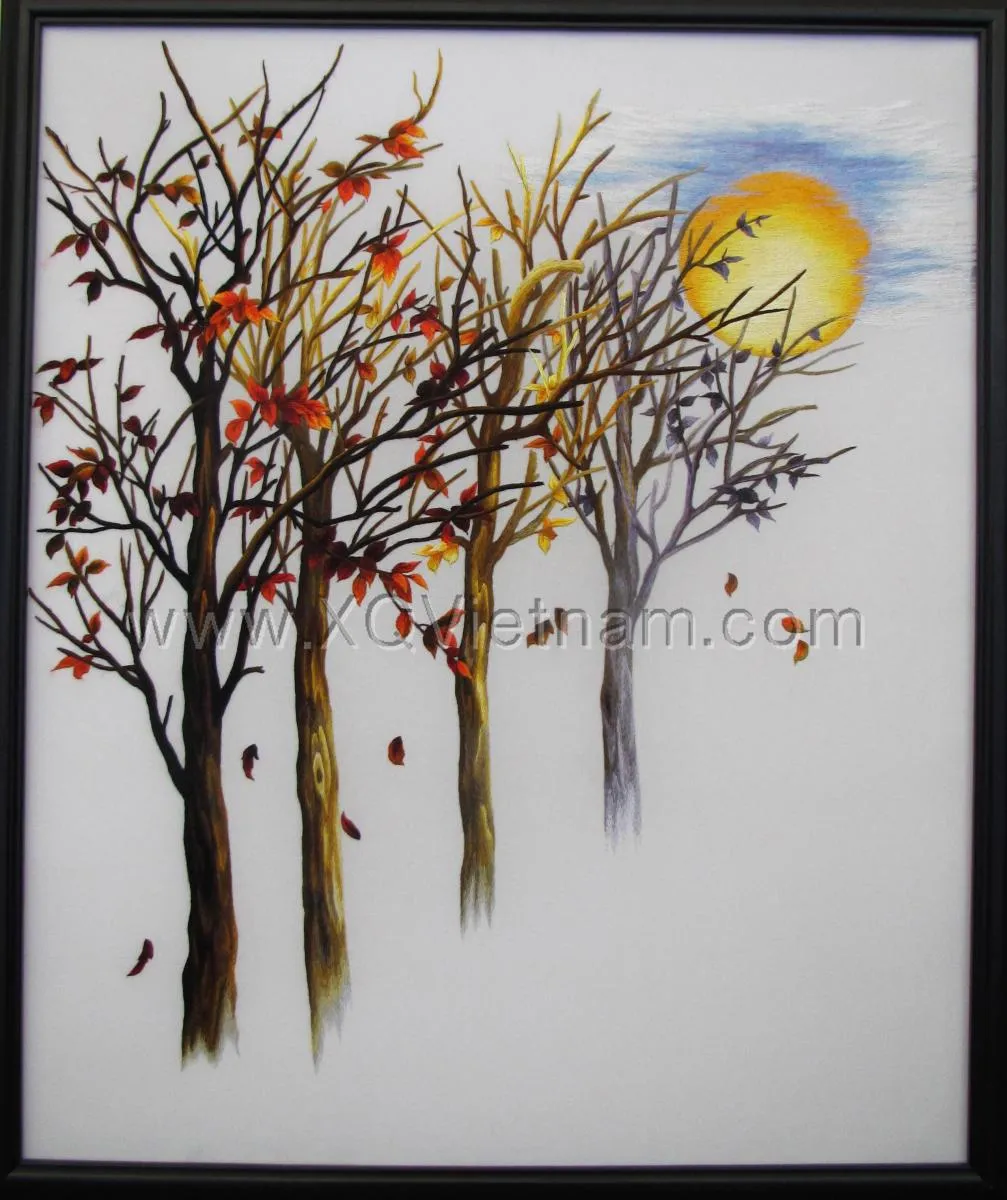 Autumn Trees at Sunset | Hand-Embroidered Silk Art | 50x60 cm