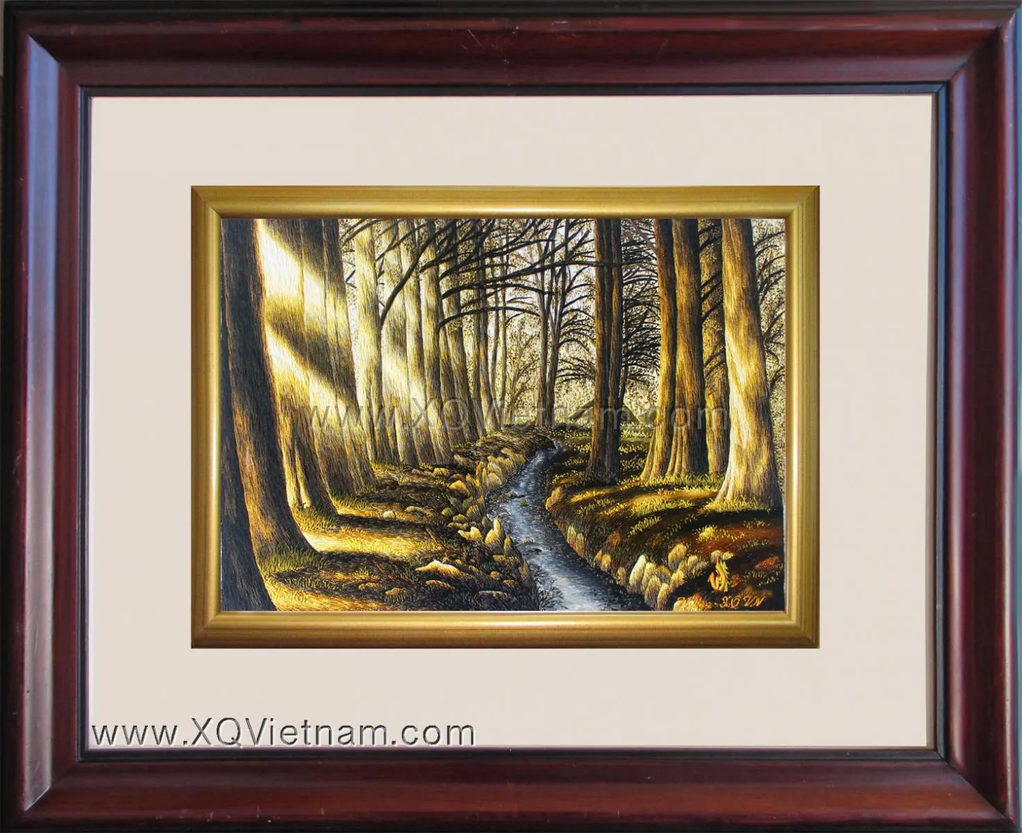 Serene Forest Stream | Hand-Embroidered Silk Art | 35x45 cm