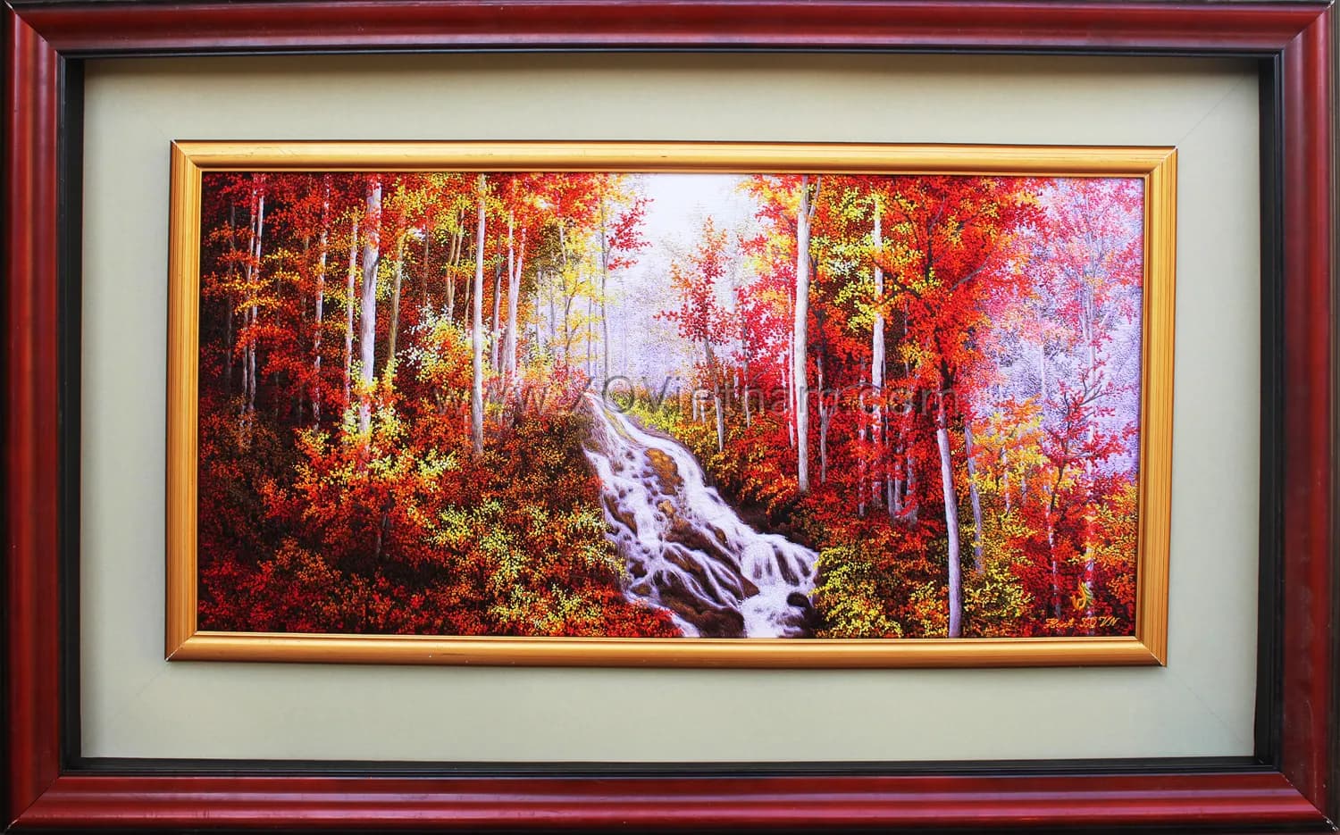 Golden Castle of Autumn | Hand-Embroidered Silk Art | 30x60 cm