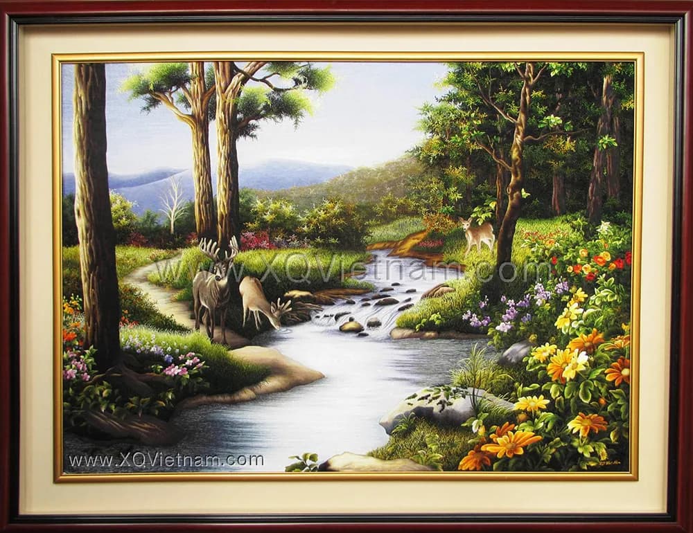 Serene Forest Landscape with Deer | Hand-Embroidered Silk Art | 100x130 cm