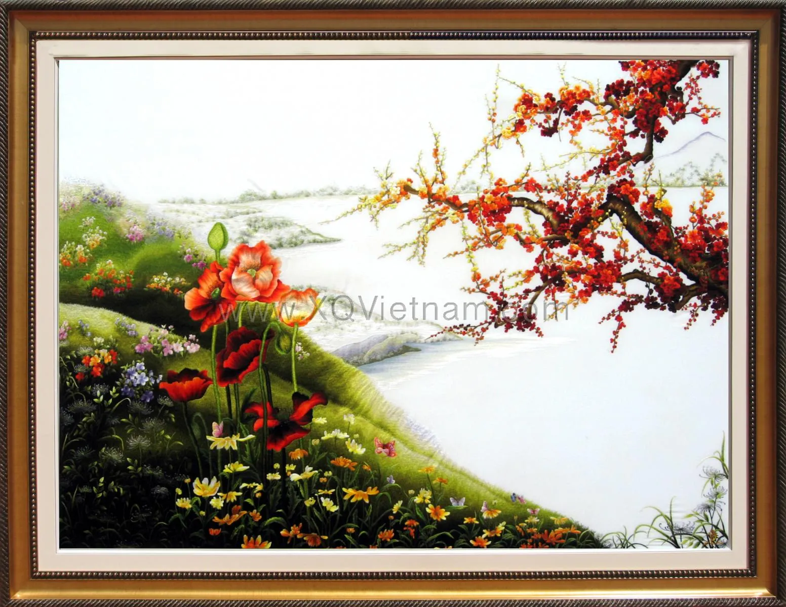 Riverside Blossom Landscape | Hand-Embroidered Silk Art | 125x165 cm