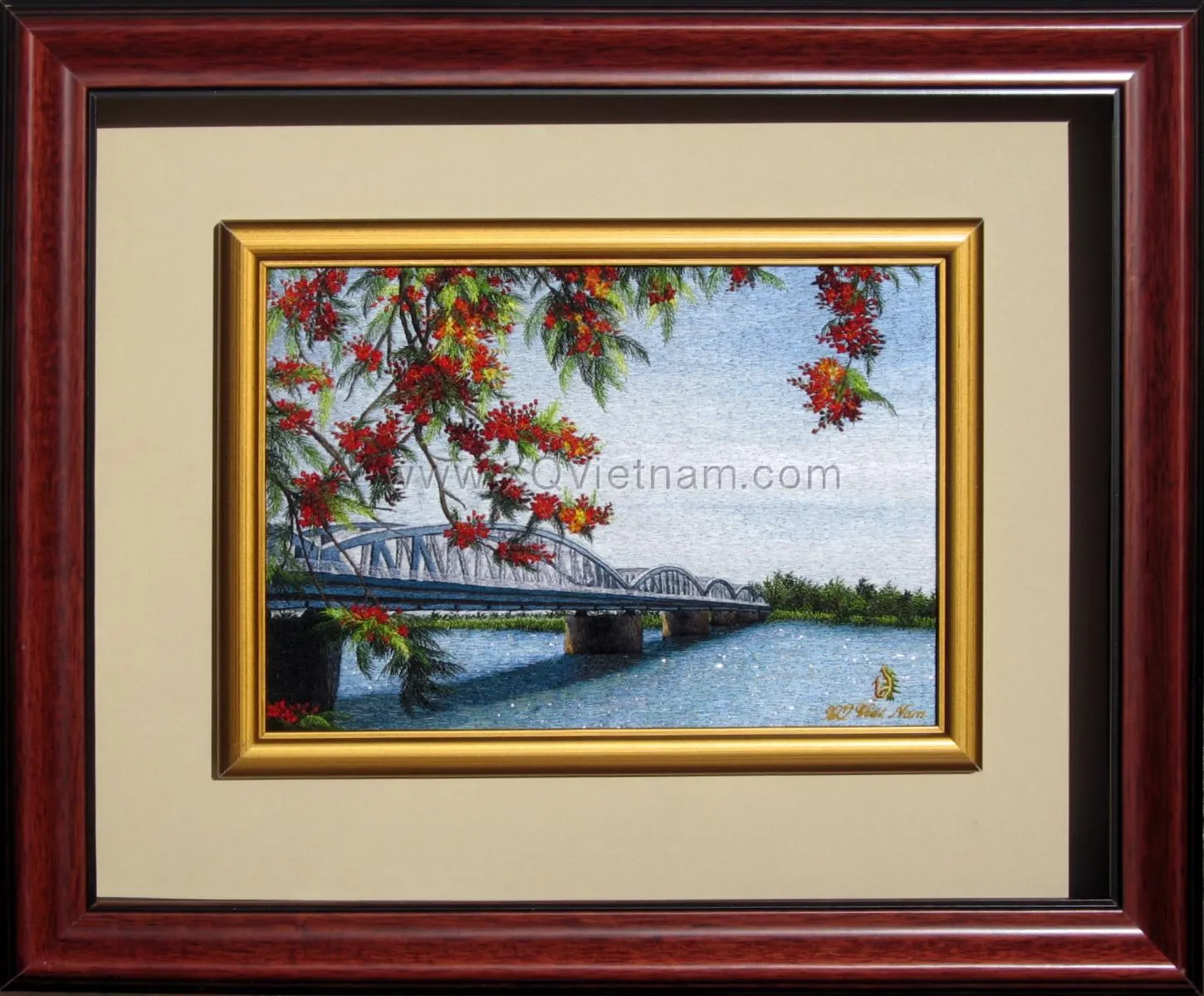 Riverside Bridge Blossom Scene | Hand-Embroidered Silk Art | 35x45 cm